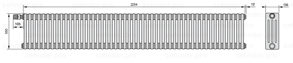 Схема (чертеж) Радиатор Zehnder Charleston 4055/49 №V011 Белый глянцевый RAL 9016